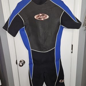 SWS Men's Black and Blue Skiwarm Short Leg Sleeve Wetsuit Size LARGE